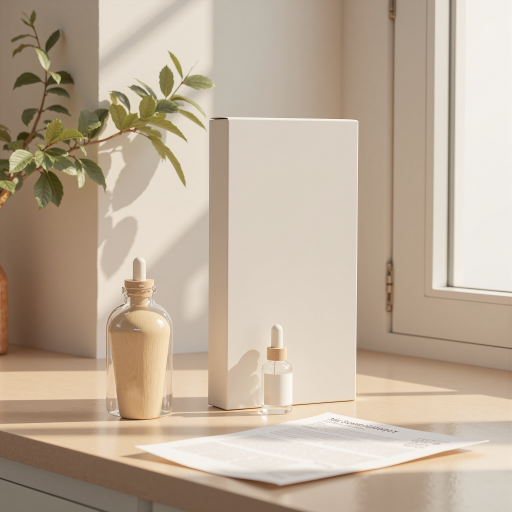 护肤套装，透明玻璃瓶装精华液，白色包装盒，简约现代风格，产品展示