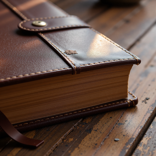 精美图书，硬壳封面，文学类书籍，书签夹在书中，木质桌面背景