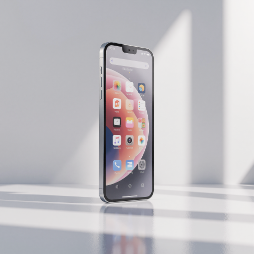 高端智能手机，银色金属机身，正面显示屏幕亮起，黑色背景，产品摄影风格