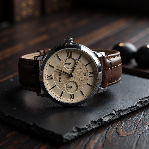 时尚手表，圆形表盘，皮质表带，金色金属边框，白色背景，产品展示