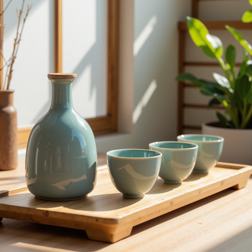 精美茶具套装，陶瓷材质，白色底色配金色装饰，木制托盘，室内拍摄