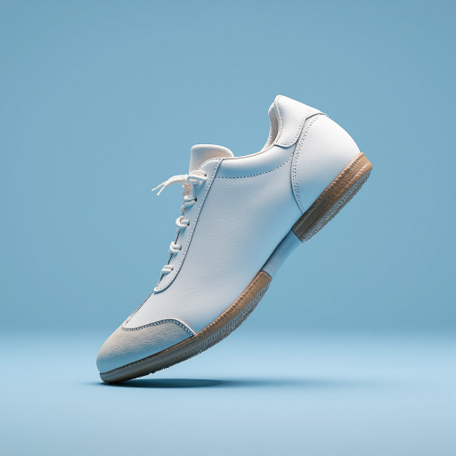 运动鞋，白色鞋身配蓝色装饰，侧面展示，现代运动风格，产品摄影